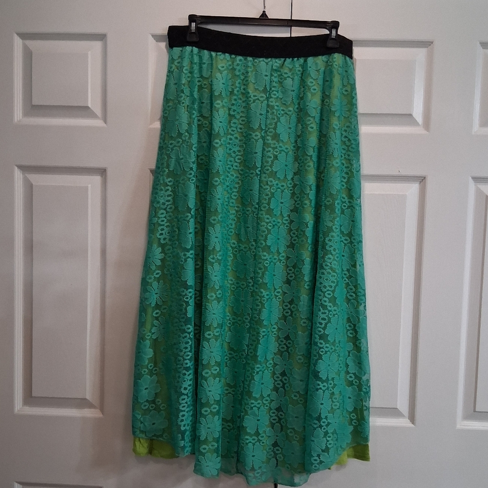 LuLaRoe Lola Rare Teal Green Modest Lace Women's Maxi Skirt Size 2XL